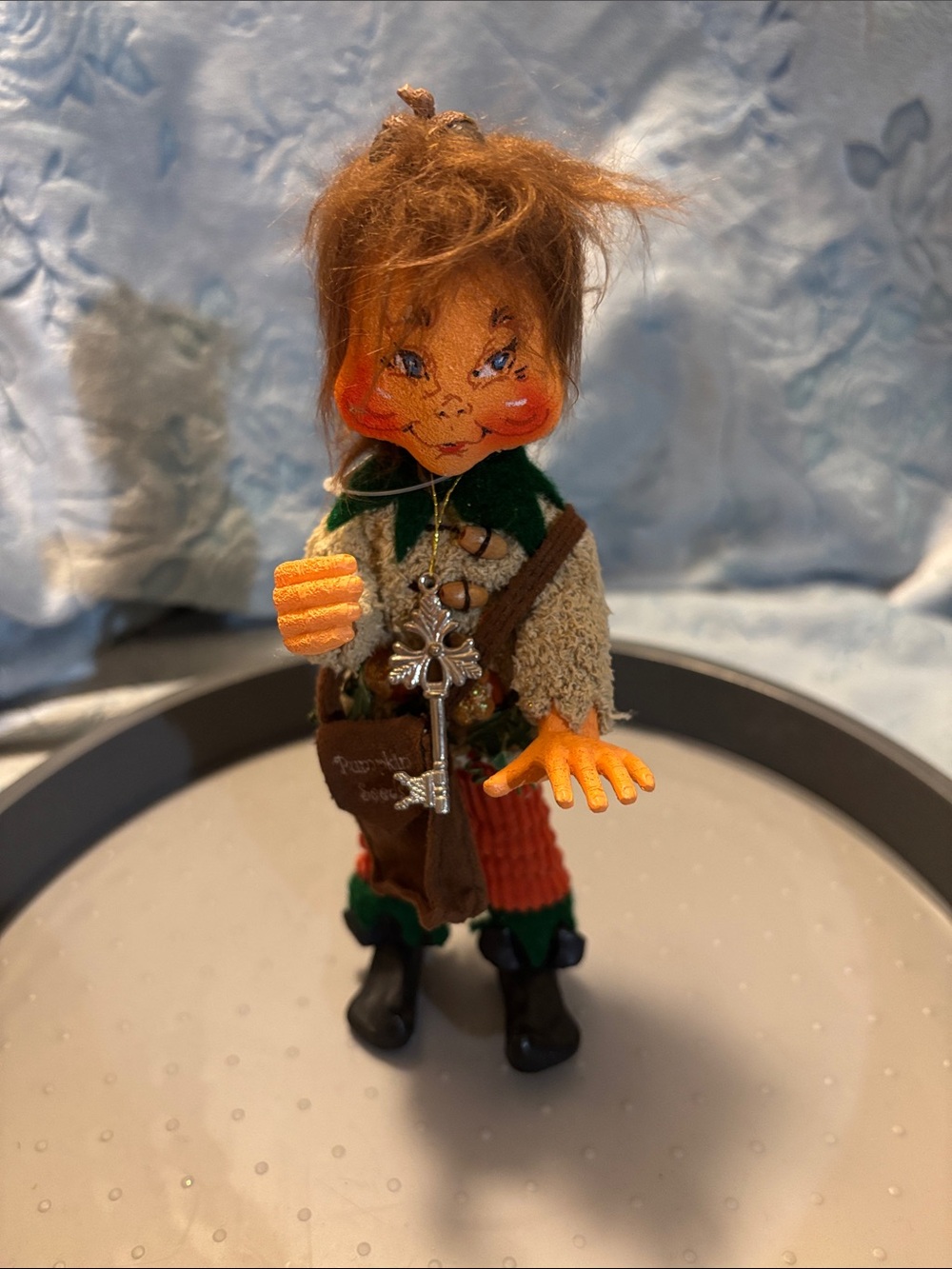 Annalee Style Halloween Fall Pumpkin Patch Elf with Pumpkin Seeds Bag 6”
